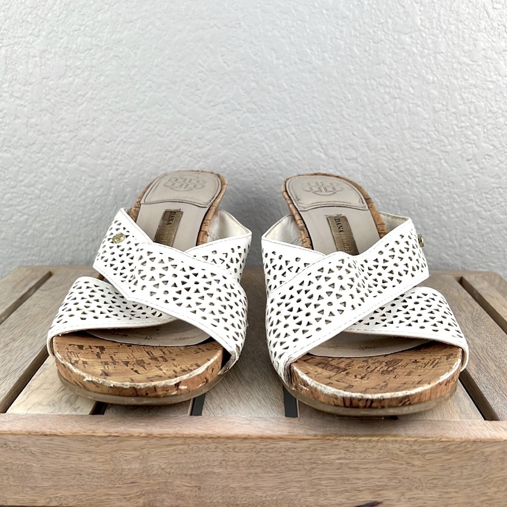 Dana Buchman Leather Perforated Wedge Cork Heel Sandals White Size 9.5